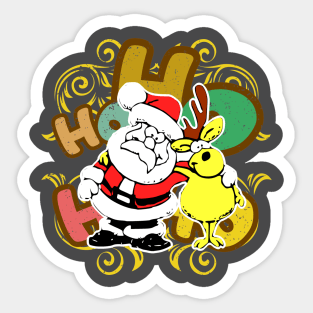 Ho ho ho Santa Claus and Rudolf the reindeer in friendly embrace in a Christmas atmosphere against the background of colorful letters Sticker